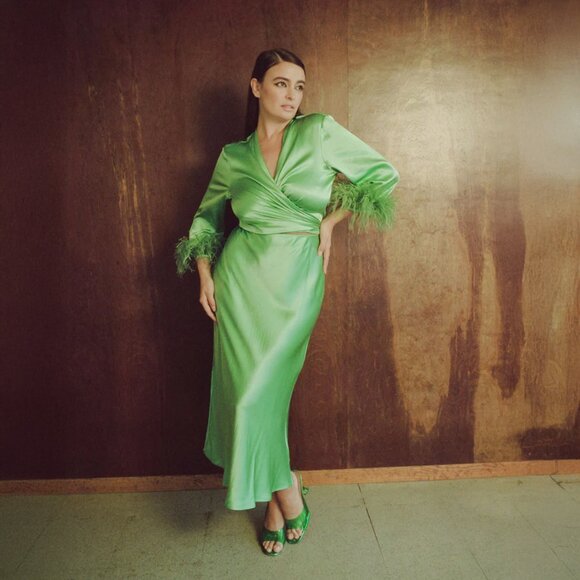 Rezek Studio Emerald Green Satin Shimmy Skirt size XS - Picture 2 of 10